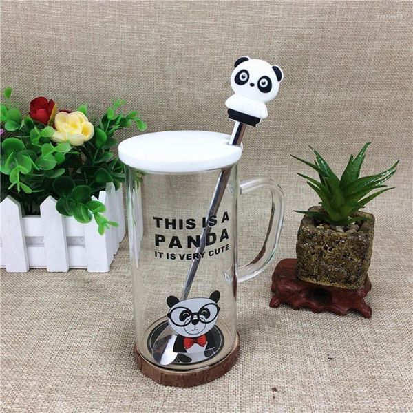 Bicchieri da vino carini panda con tazza di vetro cucchiaio coperchio portatile bottiglia warter manetta per bevande trasparenti regalo