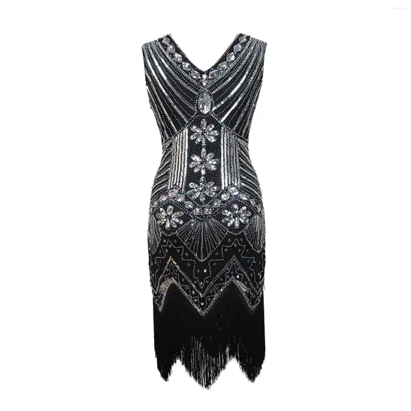 Lässige Kleider Frauen Vintage Diamant Pailletten Perlen Quasten Kleider ärmellose V-Ausschnitt Abendparty Cocktail Kurzflapper Eleganz Vestidos