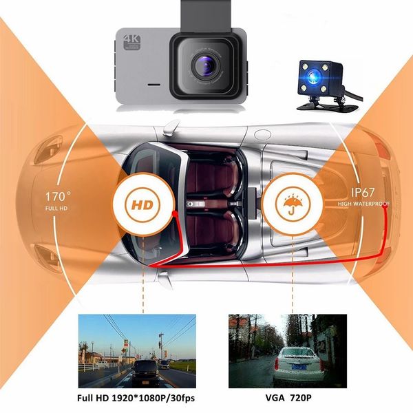 WiFi Car DVR 3,0 Zoll Bildschirm 4K1296p Dual Objektiv Rückblick Ansicht Dash Cam Fahrzeugkamera Video -Rekorder 24 Stunden Parkplatz Monitor