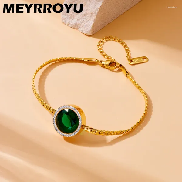 Pulseiras de link meyrroyu 316l aço inoxidável colorido de cor de bracelete de bracelete de aço inoxidável jóias femininas moda simples esmeralda zircão embutido cadeia