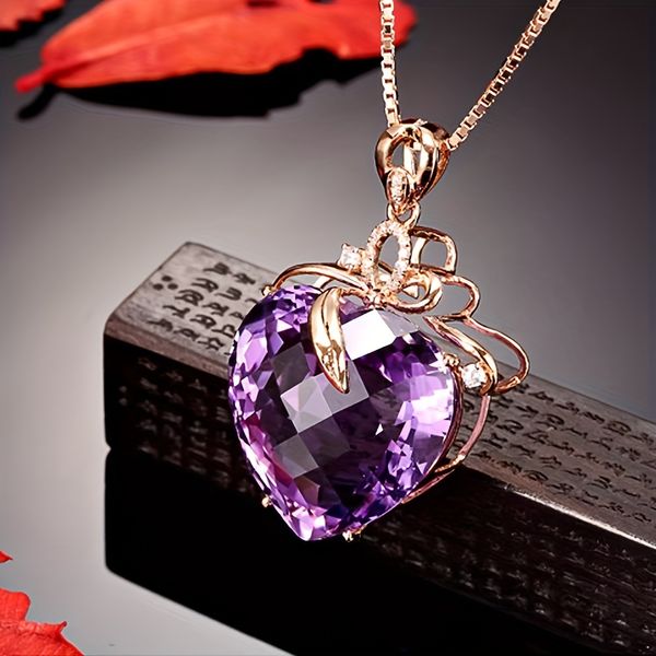 Amethyst Herz Anhänger Halskette - elegantes goldenes Liebes Symbol Chic Valentinstag Geschenk für sie