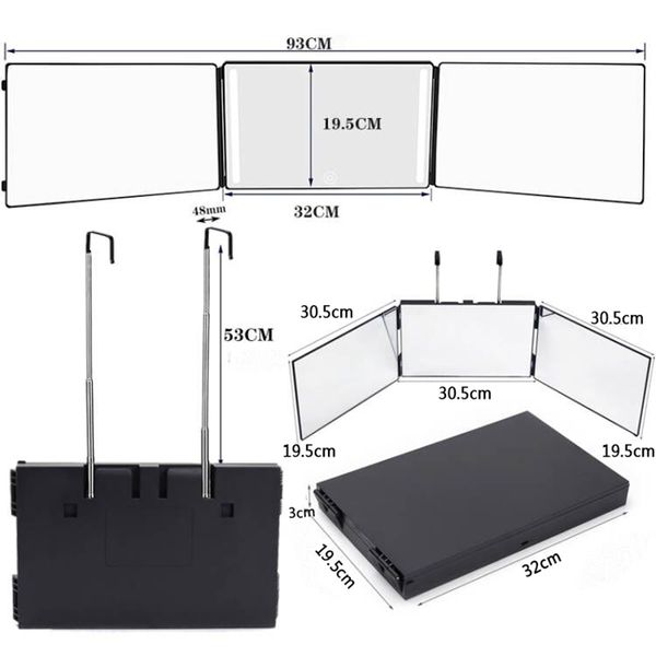 Espelhos de maquiagem de 3 vias espelhos espelhos de cabelo 360 com luz de banho dobrável com luz LED Banheiro