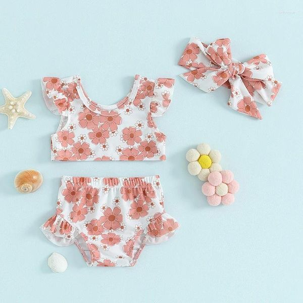 Frauen Badebekleidung 6m-3t Vorschulkinder 3-teiliges Badeanzug mit fliegenden Ärmeln gestreifter Split Bikini Set Seaside Summer Beach Kopfbedeckung