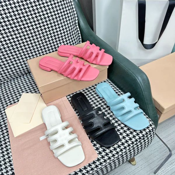 Qualität echter Lederpantoffeln Ästhetik mit geometrischem Design Windstuben passende Wellengurt Frauen Sandalen Sommer Beach Flats Slipper Designer Fabrikschuhe