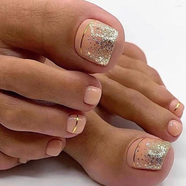Falsche Nägel 24pcs gefälschte Zehennägel Französisch Voll Cover Gold Linien kurze Quadratzehen Fuß Tipps für Frauen Mädchen abnehmbare Presse an