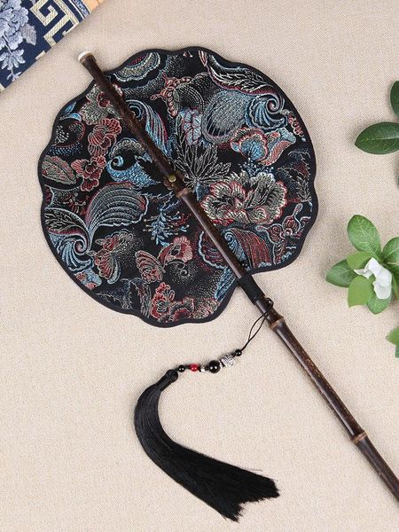 Estatuetas decorativas ventilador de brocade circular forma de casca retrô dobrável manuseio longo estilo antigo verão feminino clássico hanfu cheongsam