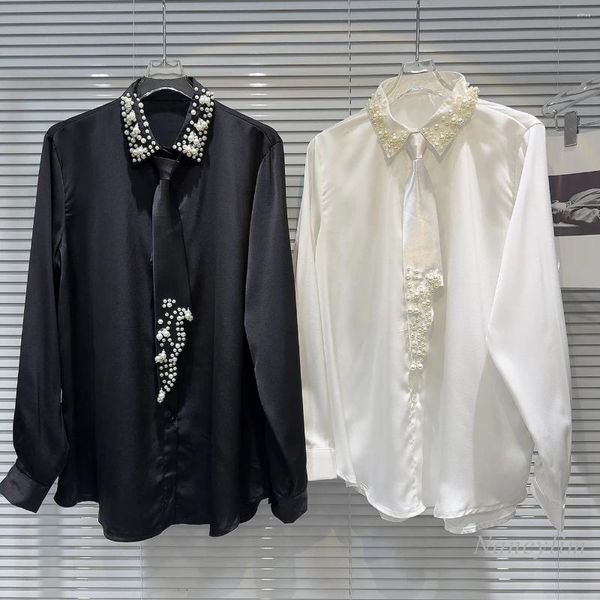 Frauenblusen 2024 Frühlingsmobilienstärke schwere Industrie Perlen Perlen Krawatte Satinbluse für Frauen Feste Farbe Hemd Blusas Femme