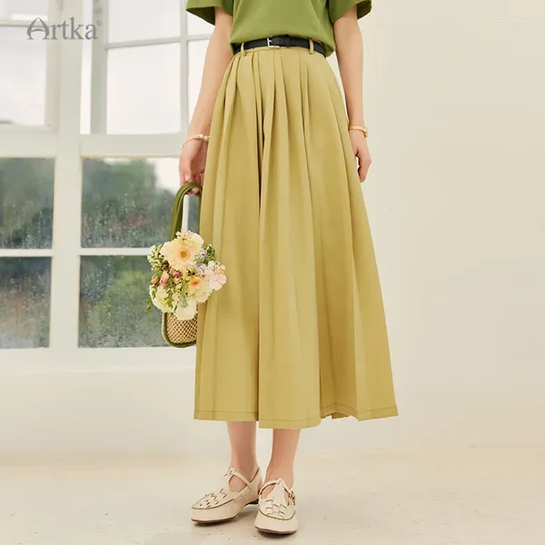 Saias Artka 2024 Summer mulheres saia vintage elegante cintura alta A-line plissou drapeing verde longo com cinto qa92030x