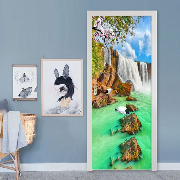 Fai da te Adesivo autoadesivo in PVC cascate di adesivi per porte 3d foresta paesaggio per sfondi murales soggiorno camera da letto decorazioni per la casa creativa