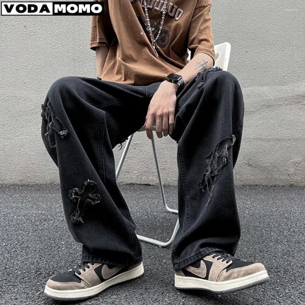 Jeans masculinos Men 2024 Primavera outono da perna reta Hip Hop Street Wide Pants Pants Dadro MOP FOOD MODA DO COREIRO EDIÇÃO