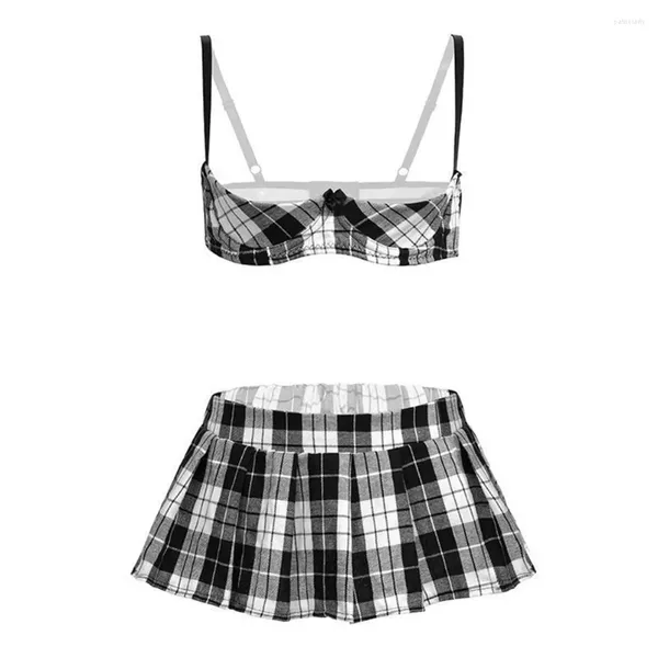 Frauen Nachtwäsche sexy Frauen plaid drucken offenes Tassen Regal BH Falten -Rock Unterwäsche Set verführerische erotische Dessous Mini -Outfit Nachtwäsche