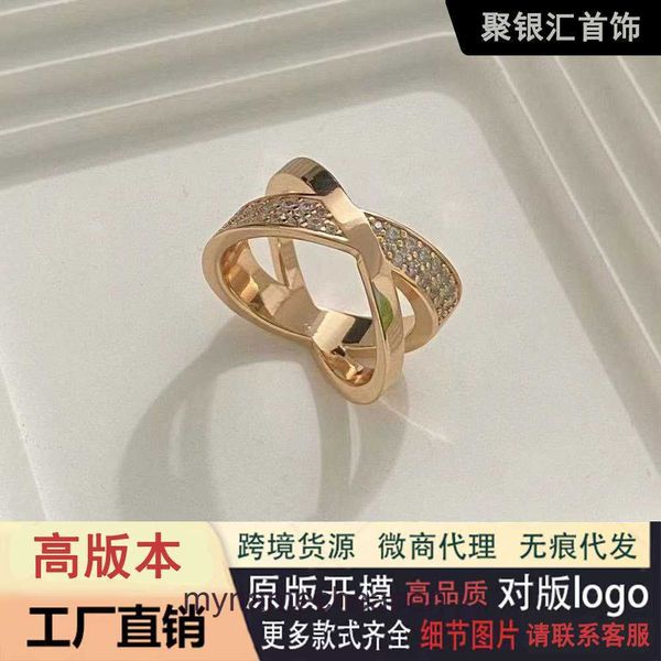 Anelli di design di fascia alta Tifancy 925 Silver V Gold Material Fashion Design Versatile Light Luxury Diamond Cross Ring Original 1: 1 con logo reale