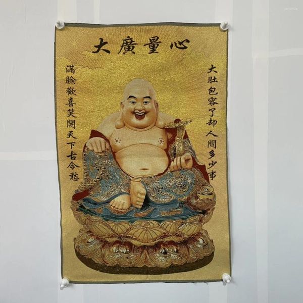 Taquestres antigos Tangka Bordery Big Belly sorrindo Maitreya Buddha estátua Home Decoration Holding Picture