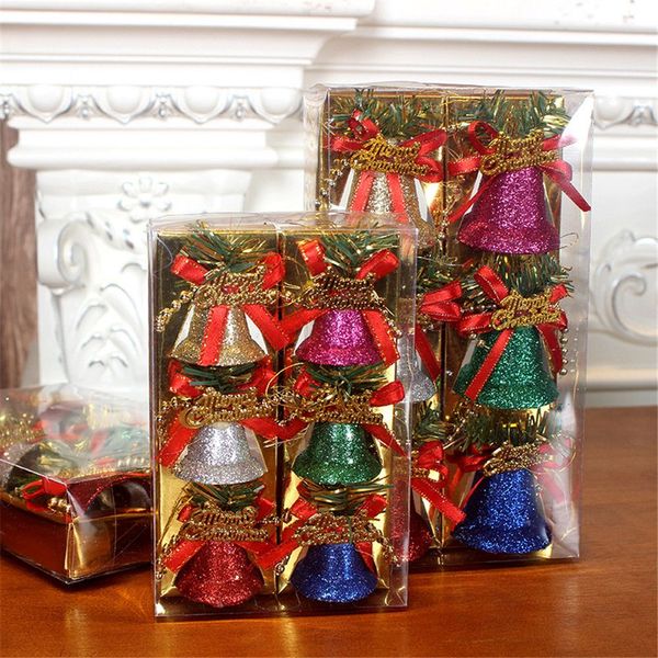 6 pezzi/box campane di Natale in polvere colorato in polvere di plastica decorativa di plastica di plastica ornamenti di alberi di Natale Accessori per il nuovo anno
