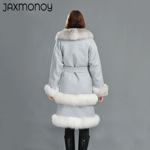 Jaxmonoy Women's Cashmere Coat Luxury Fox Furt Forte Ladie Inverno Slim Trench Giacca Long Triva