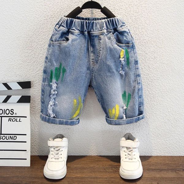 Hip hop bebek erkek kıyafetleri yaz kot mavi çocuklar denim yırtık boyalı boya kısa diz uzunluğu pantolon çocuk çocuk şort