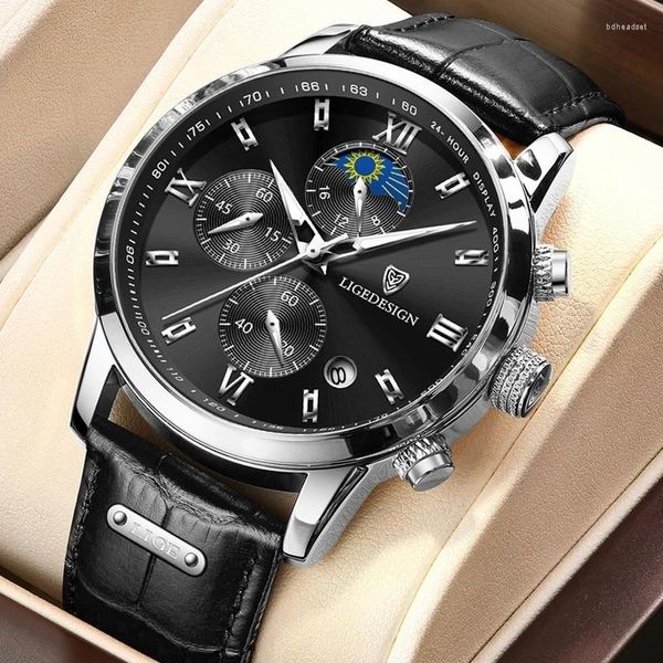 Avanços de pulso Lige Business Watch for Men Leather Mens Watches Imper impermeável Cronograph Cronógrafo Relogio Masculino