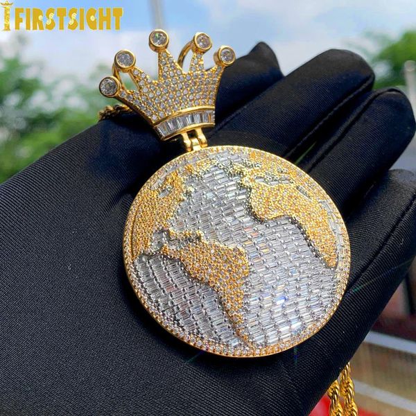 Iced Out Bling Cz King of the World Pendation Collece Cubic Circonia Crown Globle Charm Men Fashion Hip Hop Jewelry 240409