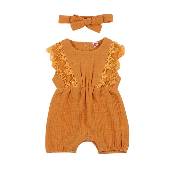 Baywell Summer Baby Girl Rompers Baby Solid Lace Design Design Linen Ruffles Toddler Fareeve Groving Heln Abchina per cima