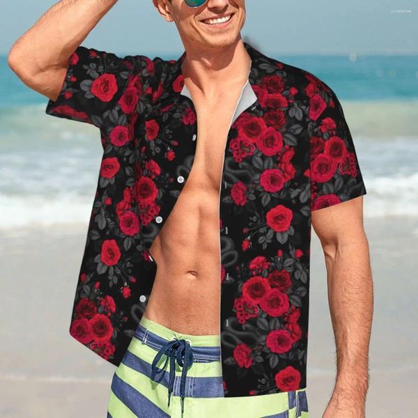 Erkekler rahat gömlek gül çiçek plaj gömlek kırmızı çiçekler yaz adam moda bluzlar kısa kollu harajuku özel diy top