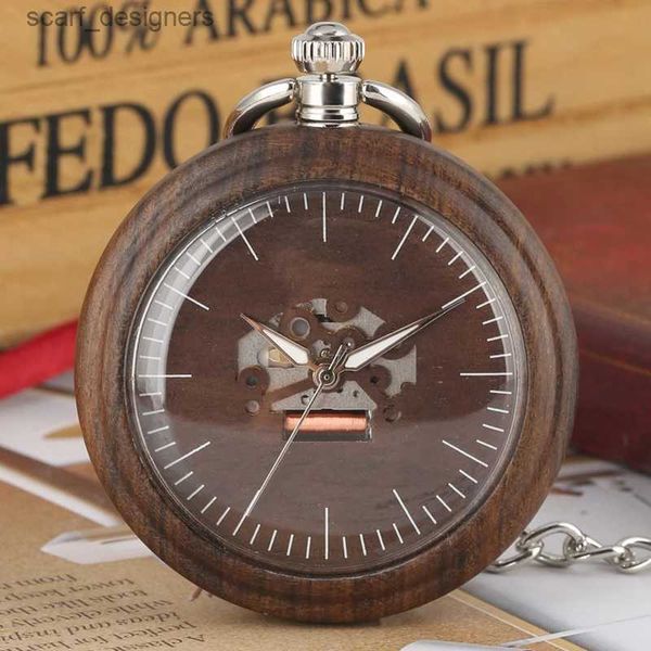 Relógios de bolso design simples madeira madeira retro ébano quartzo cadeia de bolso hollow ment luminous agulha relógio masculino amável ES Y240410