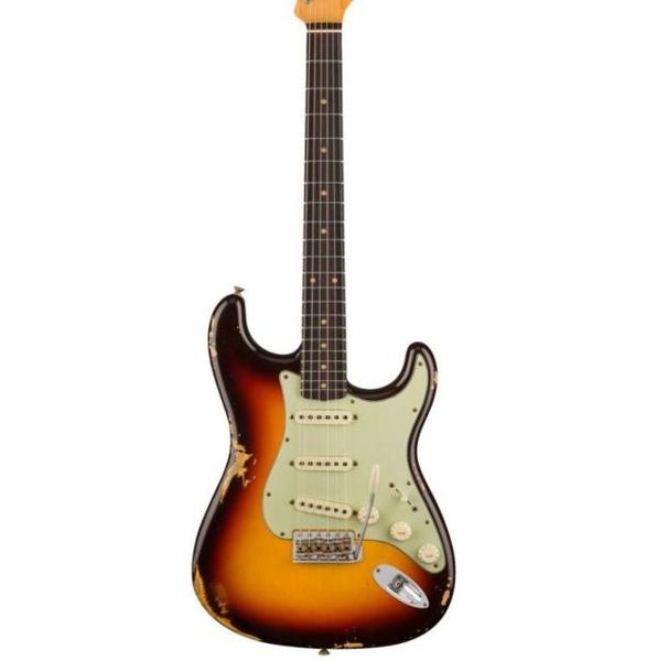 Özel Mağaza 1960 Relic Chocolate 3tone Sunburst Strat Strat Elektro Gitar Tremolo Köprüsü Whammy Bar Vintage Tuners v Engrave Neck8682091