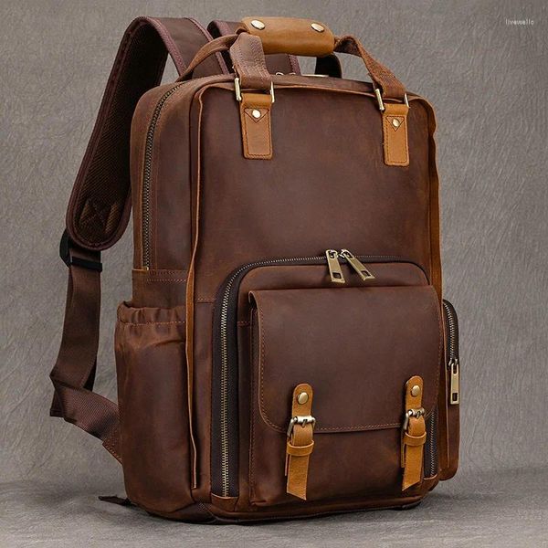 Mackpack Design couro para câmera genuíno bagpack homens viagens masculina câmeras DSLR Câmeras de grande capacidade