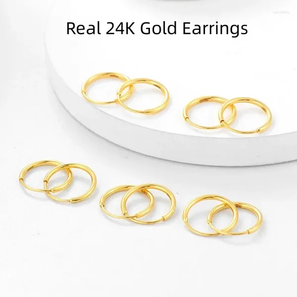 Brincos de argola de ouro real 24k para mulheres genuínas au999 anel redondo anel clássico de jóias finas de jóias e091