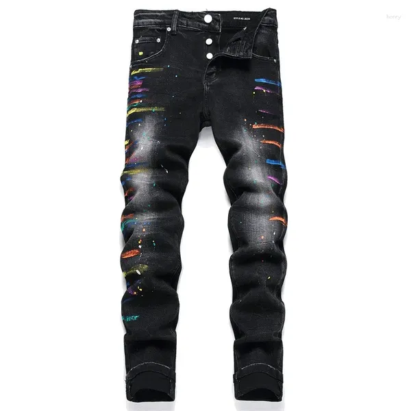 Jeans masculinos Men Black Paint Sapather lápis Streetwear Elastic Tight Small Feet Jeants para masculino