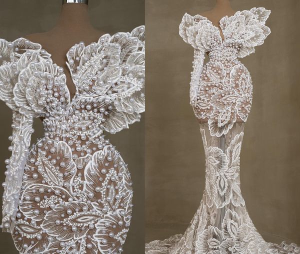 2024 Árabe Aso Ebi Mermaid Lace Vestido de noiva Pérolas Mangas longas Veja através de vestidos de noiva luxuosos ZJ0445