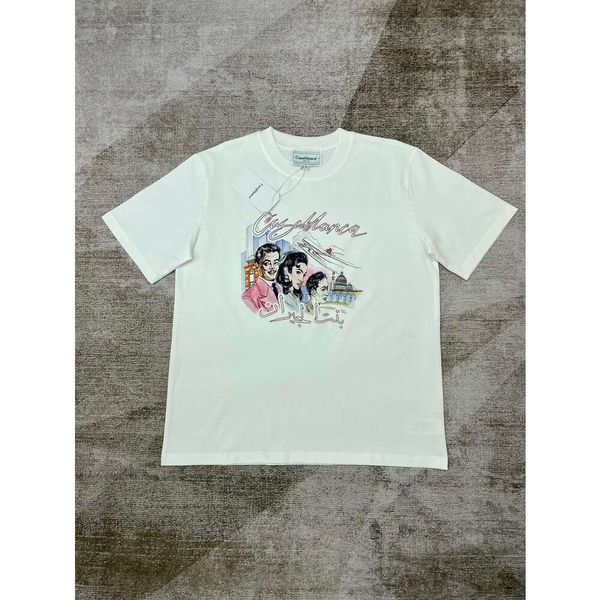 24ss Kazablanka Erkek Tişörtleri Yuvarlak Boyun Külot Gevşek ve Çok Yeri Girmiş Gömlekler Şehir Uçak Portre Erkek ve Kadın Baskılı Kısa Kollu T-Shirt Kazablan