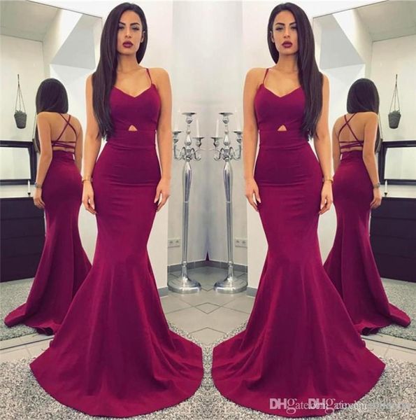 Designer simples Plum Mermaid Prom Vestidos de espaguete sexy Vestido de noite sem nas costas