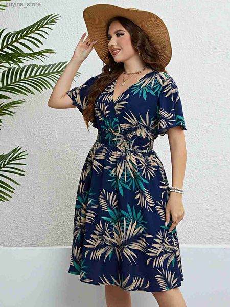 Basic Casual Kleider Plus Size Blumendruck verpackt V-Ausschnitt Frauen Kleider Kurzer Rüschen Ärmel a-line Böhmenrobe lässig Lady Urlaub Kleidung L49