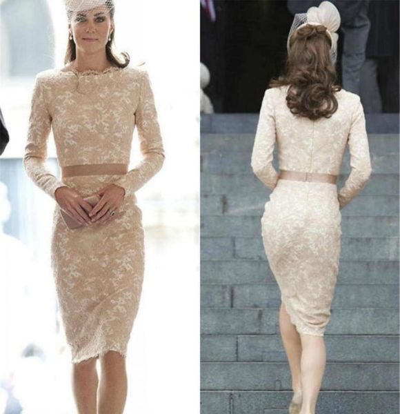 Spitzencocktailkleider Mode Kate Middleton Kleider Champagner Vintage Spitzenscheide Batteau Ausschnitt Kniebeuge formelle Partykleider 3440384