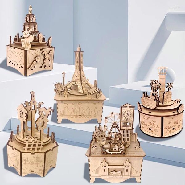 Figurine decorative 3D puzzle scatola di musica in legno box fai -da -te modello creativo edificio creativo per bambini per bambini decorazione da scrivania regalo