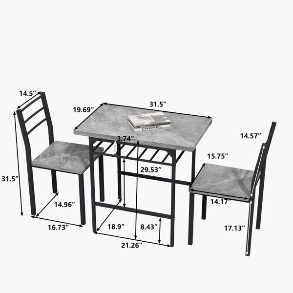 Mesa de jantar moderna de 3 peças com 2 cadeiras para sala de jantar, moldura preta e acabamento de mármore cinza impresso, resistente e durável