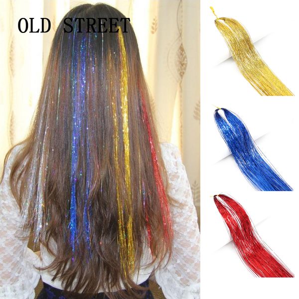 Frittura di capelli scintillanti color arcobaleno sintetico estensione falsa estensione di decorazioni strisce sculture 120 ciocche per copricapo di copricapo
