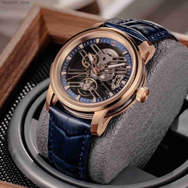 Armbanduhr Oblvlo Luxus rosariode Goldblau Ledergürtel mit Herren hohl automatisch transparent mechanisch orologio leder uomokm-s