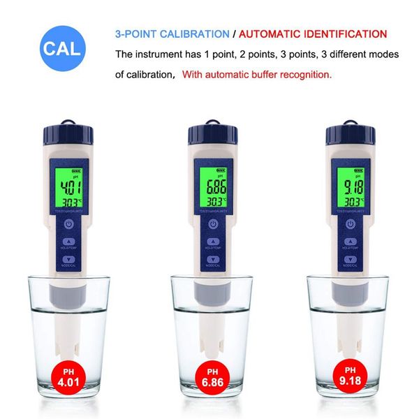 Su geçirmez pH Metre PH Tuzluluk Sıcaklık Test Pen TDS Akvaryum Hidroponik İçme için Arka Işıklı