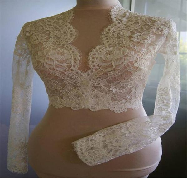 Bridal barato envolve os cristais de renda Alencon modestos v bainha de pescoço de casamento bolero para vestidos de noiva Applique de renda de manga comprida 4687811