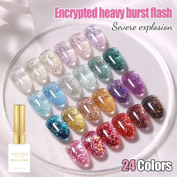 Vendeeni 24 Cores de alta densidade Glitter unha Gel Polish Explosive Flash Nail Art Gel Varnish Sparkling UV Soak