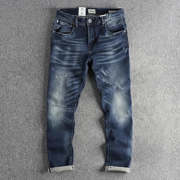 Jeans masculinos White Ripped Hole destruído Jeans azul lavados para homens Vintage Slim Fit Pants reto Juventude 93% Algodão Calça de algodão