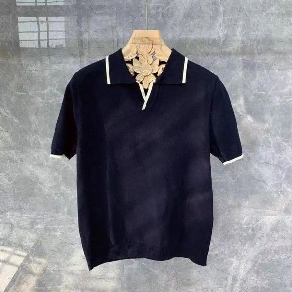 Erkek Polos Moda Örme Polo Gömlek Erkekler için Patchwork Renk V Yaka Kısa Kılı