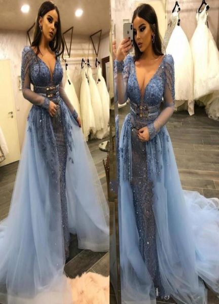 Langarm Vneck Mermaid Prom Kleid mit abnehmbarem Zug staubig blaues Tüll Abendkleid mit Applikationsspitze Perlenkristall Formal967006