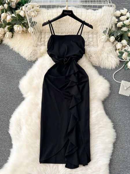 Lässige Kleider Foamlina Frauen elegante schwarze Spaghetti -Gurt Sommerkleid 2024 Koreanische Mode Ärmel und Rüschen Midi Party