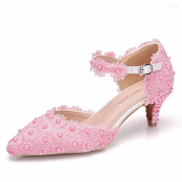 Scarpe eleganti donne in pizzo bianco matrimonio sexy tacchi alti pompe pompe dolci principessa festa di perle fiori rosa