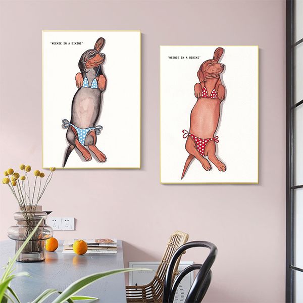 Cani divertente weenie in una tela poster di bikini dipingendo carino sexy animale da parete da parete da parete stampa per la casa moderna decorazione per la casa