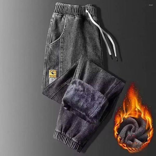 Jeans maschi maschi inverno peluche foderate con tasche in vita elastiche per pantaloni accoglienti per comfort casual