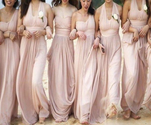 Vestidos de dama de honra de estilo de praia de estilo conversível sexy Império júnior Long blush rosa plissado chiffon praia vestidos de bridemaid 20198492783