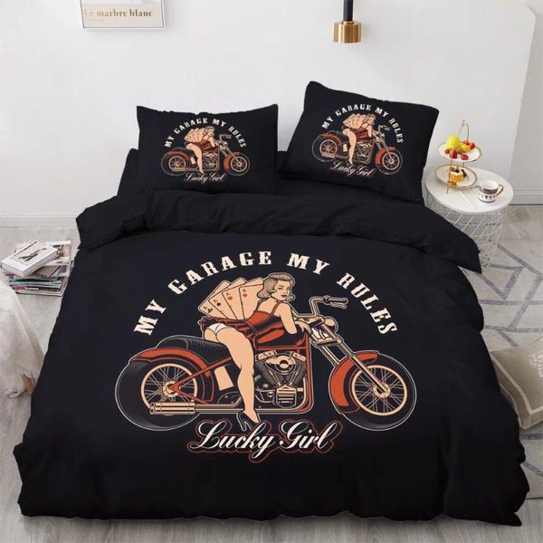 Conjuntos de roupas de cama 3D Digital Vintage Lucky Girl Duvet Set Definir preto Quilt Full Double King Size 203x230cm Têxtil caseira